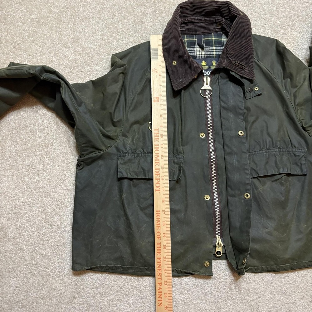 Vtg Barbour A130 Spey Jacket Mens Large Short Green Waxed Made England Hooded - Picture 10 of 16